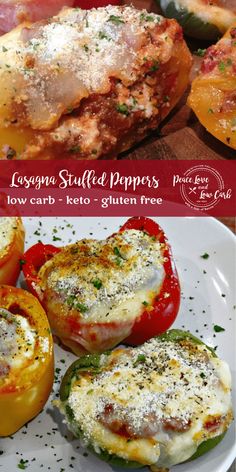 stuffed peppers with cheese and seasoning are shown in two different pictures, one on the plate