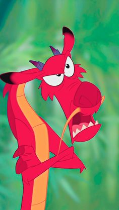 an animated red dragon with its mouth open and tongue out, standing in front of a green background