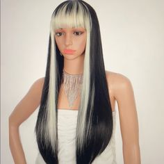 Black With Blonde Streaks . Long Straight . 28 Inches . Heat Resistant Synthetic. A Fun Piece . Black With Blonde Streaks, Black With Blonde, Blonde Streaks, Wig Color, Wig Hairstyles, Heat Resistant, Womens Hairstyles, Wigs, Salt