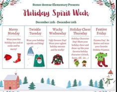 a holiday spirit week poster with the holidays theme