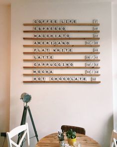 a wooden table sitting under a wall mounted scrabble type word art on the wall