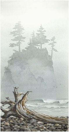 an image of a tree stump on the beach with fog in the sky and water behind it