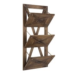 a wooden shelf with three shelves on it