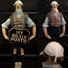 three mannequins dressed in costumes and hats with words written on their backs