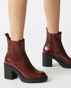 KAYDEN Brown Leather Block Heel Bootie | Women's Booties – Steve Madden Women's Booties, Steve Madden Store, Platform Block Heels, 3 Inch Heels, Leather Block Heels, Brown Leather Boots, Steve Madden Shoes, Bootie, Leather Boots