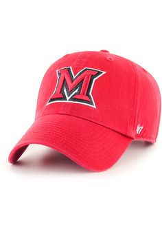 This Miami RedHawks Red Adjustable Hat features a front embroidered team logo. The '47 Clean Up is a relaxed and curved adjustable strap back with raised embroidery on the front and a woven label on the back., Made from garment washed cotton twill., Metal buckle on the back to dial in the custom fit., The garment wash cotton twill gives a soft, worn-in look., Dad Hat, Self fabric strap closure, Fit: True to Size, 100% Cotton, Washable, 4 Ears That Stick Out, Neutral Hats, Raised Embroidery, Fabric Strap, Quality Hats, Retro Logo, Woven Label, 47 Brand, Cool Hats