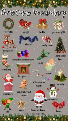 a christmas poster with words and pictures on it