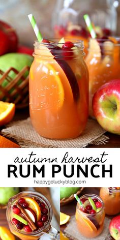 an image of autumn harvest rumpunch with apples and oranges in mason jars