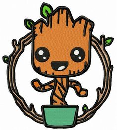 a cartoon baby groote sitting on top of a potted plant in a circle