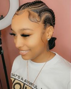 ✨CG✨ on Instagram: “✨Fine Friday’s feat @ashlestokes 💕! Style: 6 Feedins with 5-10 mini’s + Jayda Braided Bun✨” Six Stitch Braids Bun, Feedins Braids Into Bun, Cornrow Braid Bun Styles, 6 Stitch Feed In Braids Bun With Curls, Braids Going Back Into A Bun, Back Braids With Bun, Cornrow Braids With Bun, 6 Straight Back Feed In Braids Bun, Braided Back Bun Black Women