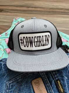 Cowboys everywhere love our #Cowgirlin' Snap back hat. Stand out and make a statement when you roll up to the next playday, rodeo, or just to work cows at spring round up! #Cowgirlin' Black/Grey Mesh Back Cap Western Birthday Party, Country Hats, Cowboy Gear, Hat Stand, Snap Back Hat, Rodeo Outfits, Country Girls Outfits, Back Hat, Toddler Hat