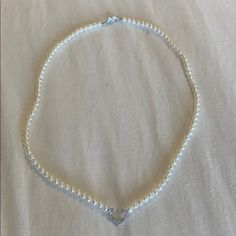 Adorable Pearl Necklace With Diamond Heart. Elegant Heart Shaped Beaded Jewelry, Elegant Heart-shaped Beaded Jewelry, Classic Heart-shaped Jewelry With Heart Beads, Elegant Beaded Heart Necklace, Heart-shaped Pearl Necklace For Anniversary, Sterling Silver Beaded Heart Necklaces, Elegant Heart-shaped Single Strand Jewelry, Elegant Single Strand Heart Jewelry, Silver Heart-shaped Pearl Necklace