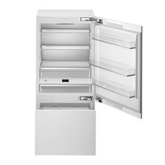 an open refrigerator with its door wide open and no ice maker on the bottom shelf