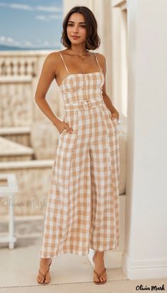 Olivia Mark - Fashionable Plaid Overall Jumpsuit Casual Fitted Jumpsuits And Rompers For Beach Season, Summer Fitted High-waist Jumpsuits And Rompers, Beach Fitted Jumpsuits And Rompers With Pockets, Fitted Beach Jumpsuits And Rompers With Pockets, Fitted Cotton Jumpsuits And Rompers For Beach Season, Fitted Cotton Jumpsuit For Beach, High-waist Jumpsuits And Rompers With Pockets For Beach, High Waist Jumpsuits And Rompers With Pockets For Beach, Beach High Waist Jumpsuits And Rompers With Pockets