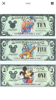 three mickey mouse dollar bills with the same character on each one, and an image of goofy