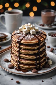 A photo of a  Hot Chocolate Pancakes a Christmas Pancake Recipes Winter Pancakes, Fancy Pancakes, Hot Chocolate Pancakes, Pancakes Chocolate, Food Reference, Homemade Pancake Recipe, Pancake Cake, Dry Mixes