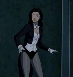 an animated image of a woman dressed in black and white with her hands on her hips