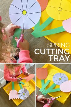 a collage of pictures showing how to make paper flowers and cut them out with scissors