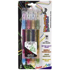 four assorted colored markers in packaging