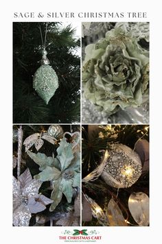 the christmas tree is decorated with silver ornaments