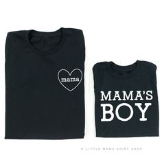 Mommy and Son Matching Shirts // Women's Boyfriend Fit Graphic Tee Shirt & Toddler Boy Shirt The perfect mommy and me outfit for a mama and her mama's boy! **Newborn-18 Month shirts are bodysuits // 18 Month + Up are T Shirts** IMPORTANT NOTE: These are unisex shirts. Women, order your normal size for a loose fit, or size down one for a more fitted look. Women normally prefer to size down in unisex sizing. The toddler shirts run true to size. SHIPPING DETAILS: - All shirts are shipped via US Black Cotton Family Matching Shirt, Black Cotton Shirt For Family Matching, Black Cotton Tops For Family Matching, Black Family Matching Shirt For Mother's Day, Black Tops With Letter Print For Mother's Day, Black Crew Neck Tops For Mother's Day, Mother's Day Black Tops With Graphic Print, Black Cotton Tops For Mother's Day, Mom And Son Shirts