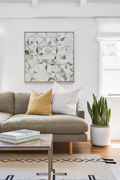 a living room with a couch, coffee table and potted plant in the corner