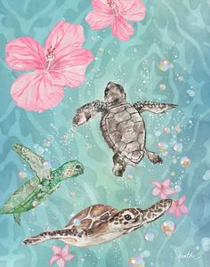 three sea turtles swimming in the ocean with pink flowers and bubbles on their back side