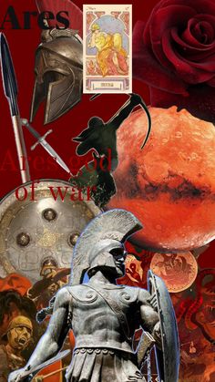 an artistic collage with various items including a helmet, armor and rose on it