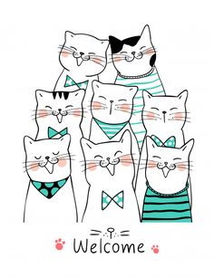 a group of cats in swimsuits with the words welcome written on their chest