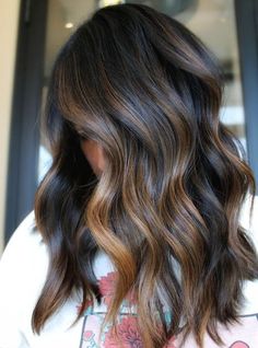 Glossy Brunette Balayage, Golden Hair Highlights On Black Hair, Bronze Highlights On Black Hair, Dark Hair With Dimension Short, Carnal Highlights On Dark Hair, Brown Hair Colors With Dark Roots, Fall Hair With Blonde Highlights, Bold Highlights For Dark Brown Hair, Ribbon Highlights Hair Dark Brown