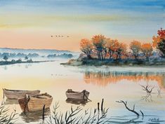 watercolor painting of two boats on the lake at sunset with trees in the background