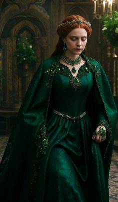 Emerald Green Fairytale Dress, Gold And Green Wedding Dress, Black Dress With Green Jewelry, Emerald Green Victorian Dress, Jungle Green Dress Outfit, Dark Green Fantasy Dress, Wedding Dresses Emerald, Dark Green Dress Aesthetic, Green Fantasy Outfit