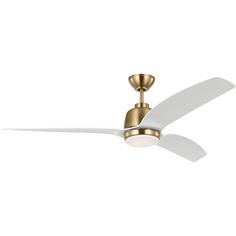 a gold ceiling fan with white blades and a light on the top, against a white background