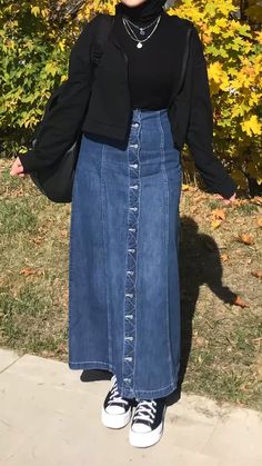 #jeanskirt #denimskirt #skirtoutfit #hijaboutfit #aesthetic Long Aesthetic Skirt Outfit, Demin Long Skirt Outfits, Jeans Skirt Long Outfit, Long Denim Skirts For Women, Denim Skirt Modest Outfit, Aesthetic Denim Skirt Outfit, Denim Skirts Long, Long Skirt Fashion Hijab, Long Skirt Hijab Outfits