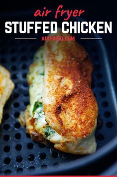 air fryer stuffed chicken on a grill with text overlay that reads, air fryer stuffed chicken