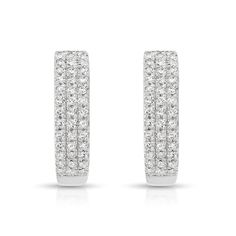 Shiny and bright, these pavé diamond earrings are perfect for daytime or formal wear. Diamond White Diamond Earrings With Pave Setting For Formal, White Diamond Earrings With Pave Setting For Formal Events, White Diamond Sparkling Hoop Earrings, Sparkling White Diamond Hoop Earrings, White Diamond Huggie Earrings With Pave Setting, Dazzling White Diamond Earrings With Pave Setting, Dazzling White Pave Setting Earrings, Sparkling White Gold Diamond Earrings, Diamond White Diamond Earrings With Pave Setting