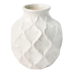 a white ceramic vase with wavy lines on the top and bottom, sitting against a white background