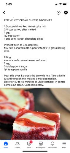 red velvet cream cheese brownies recipe on the app store's iphone photo screen