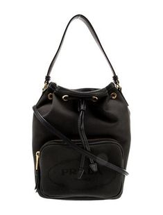 Prada Bucket BagNero & Nero JacquardGold-Tone HardwareLeather TrimFlat Handles & Single Adjustable Shoulder StrapLeather Trim Embellishment & Single Exterior PocketLogo Jacquard LiningDrawstring Closure at Top Bucket Bag, Print Patterns, Prada, Women Handbags, Handles, Trim, Exterior, Handbags