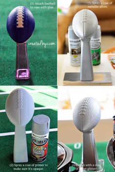 three pictures showing how to make footballs out of plastic cups and spray paint on them