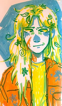 a child's drawing of a girl with long blonde hair and green leaves on her head