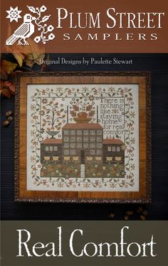 the real comfort sample pattern is displayed in front of a wooden frame with autumn leaves on it