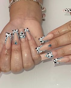 nailsxjocyy Cow Print Nails With Blue, Vaquita Nails, Cowboy Nails Design, Vaquera Nails, Blue Cow Print Nails, Cowprint Nail Design, Cow Pattern Nails, Farm Nails, Cow Print Nail Designs