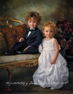 a painting of two young children in formal wear sitting on a couch, one is wearing a white dress and the other wears a black tuxedo