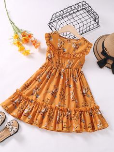 Orange Boho  Sleeveless Polyester Floral A Line Embellished Non-Stretch  Toddler Girls Clothing Kids Chiffon Dress Style, Girl Frock Design, Latest Bubu Gown Style, Frocks For Kids, Baby Girl Princess Dresses, Floral Frocks, 2piece Outfits, Girls Dresses Sewing, African Dresses For Kids