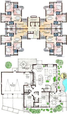 two floor plans for a house with swimming pool and large living room in the middle