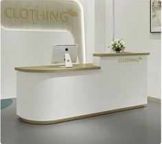 a white reception desk with a laptop on it and a flower pot in the corner