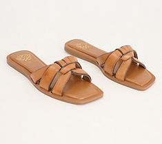 Casual yet sophisticated, comfortable yet stylish -- with their woven and squared-off design, these leather slide sandals satisfy a slew of summer events on your calendar. From Vince Camuto.  Original item is A594313. This product may be a customer return, vendor sample, or on-air display and is not in its originally manufactured condition. It may not be new. In some instances, these items are repackaged by QVC. Brown Woven Leather Slides For Spring, Brown Woven Leather Slides For Summer, Men Leather Sandals Fashion, Trendy Outfit Inspo, Beautiful Sandals, Leather Slide Sandals, Summer Events, Leather Slides, Sandal Fashion