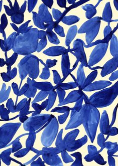 blue leaves on a white background are drawn in watercolor and then painted with acrylic paint