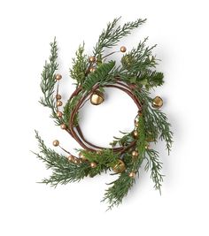 a christmas wreath with gold ornaments and greenery